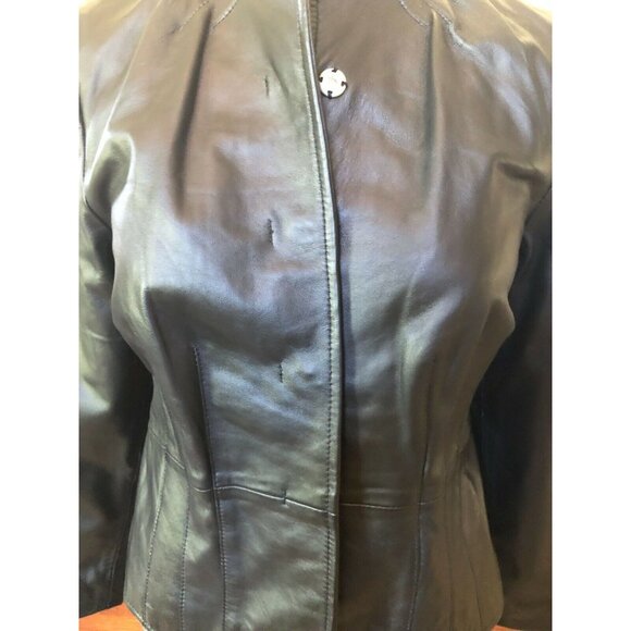 I.E. Women's Black Leather Jacket Snap Buttons Slim Cropped Size PM - Picture 6 of 8